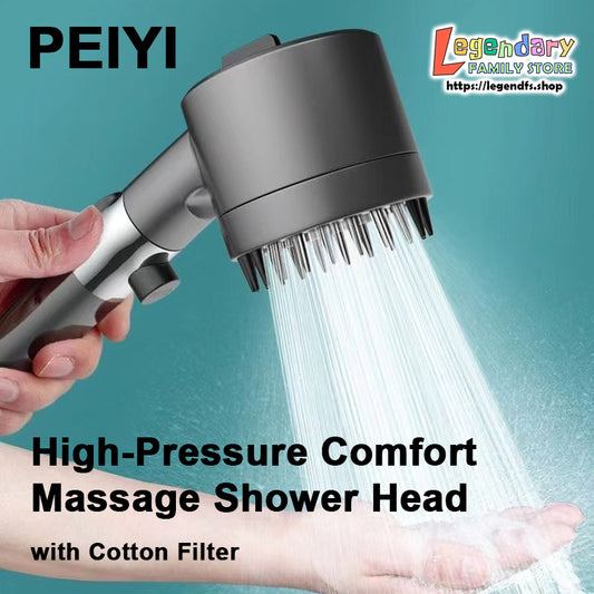 PEIYI High-Pressure Comfort Massage Shower Head with Cotton Filter, Three-Mode Shower Spray and Household Cleaning Nozzle