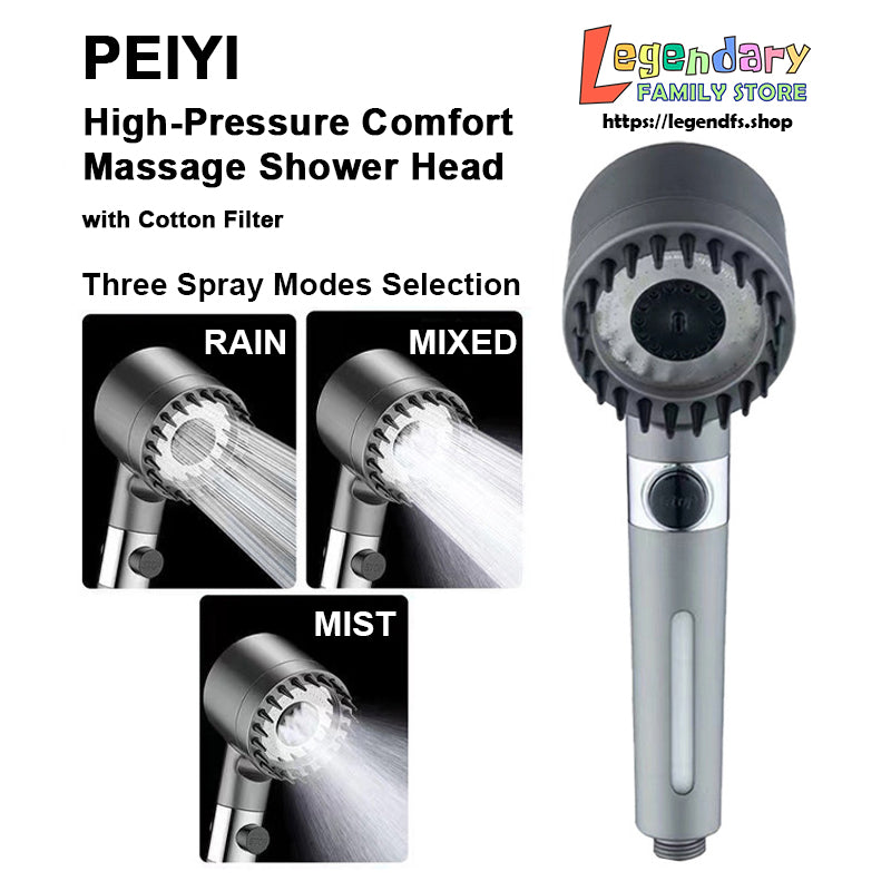 PEIYI High-Pressure Comfort Massage Shower Head with Cotton Filter, Three-Mode Shower Spray and Household Cleaning Nozzle