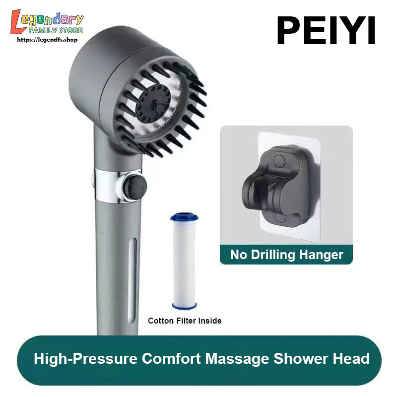 PEIYI High-Pressure Comfort Massage Shower Head with Cotton Filter, Three-Mode Shower Spray and Household Cleaning Nozzle