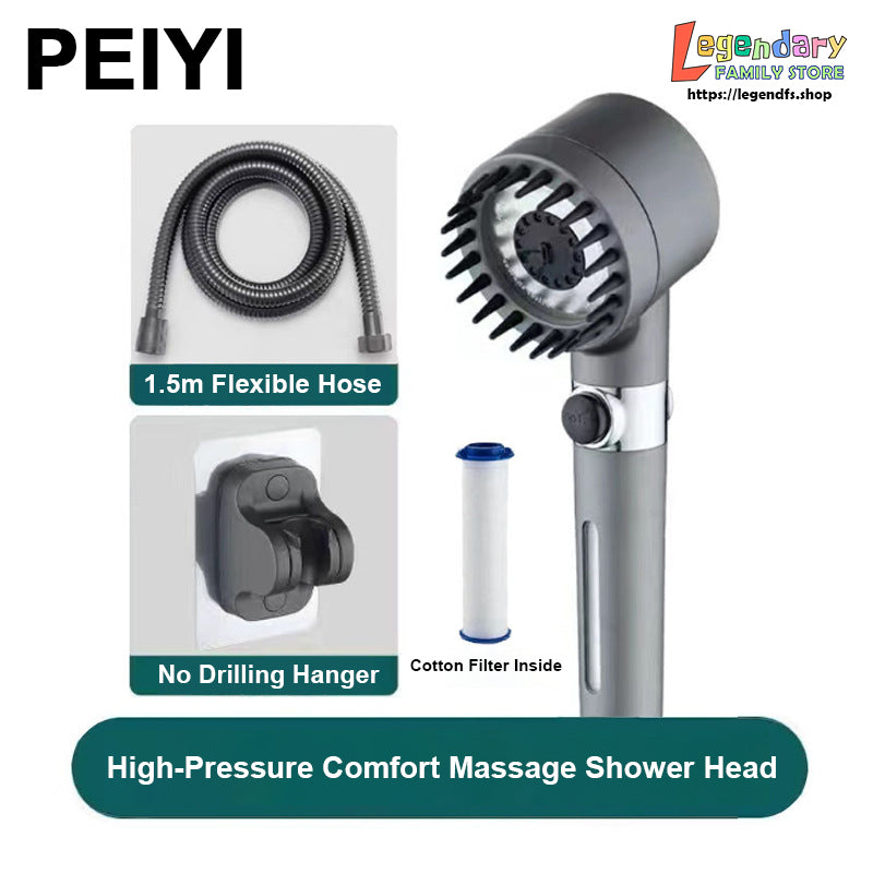 PEIYI High-Pressure Comfort Massage Shower Head with Cotton Filter, Three-Mode Shower Spray and Household Cleaning Nozzle