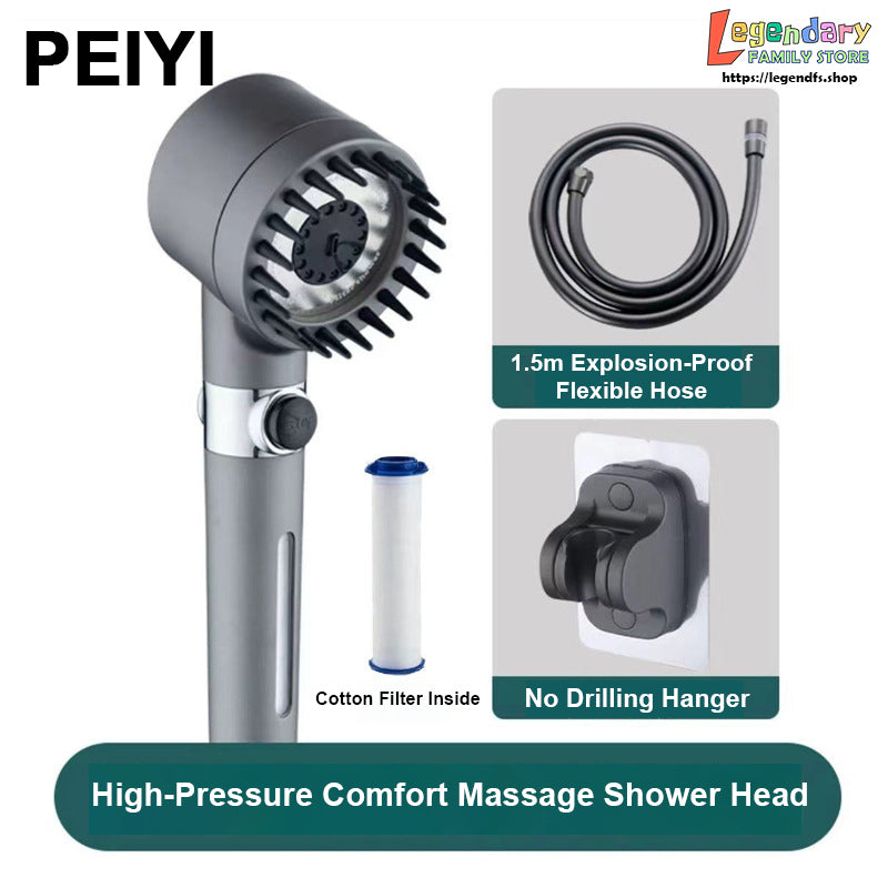 PEIYI High-Pressure Comfort Massage Shower Head with Cotton Filter, Three-Mode Shower Spray and Household Cleaning Nozzle